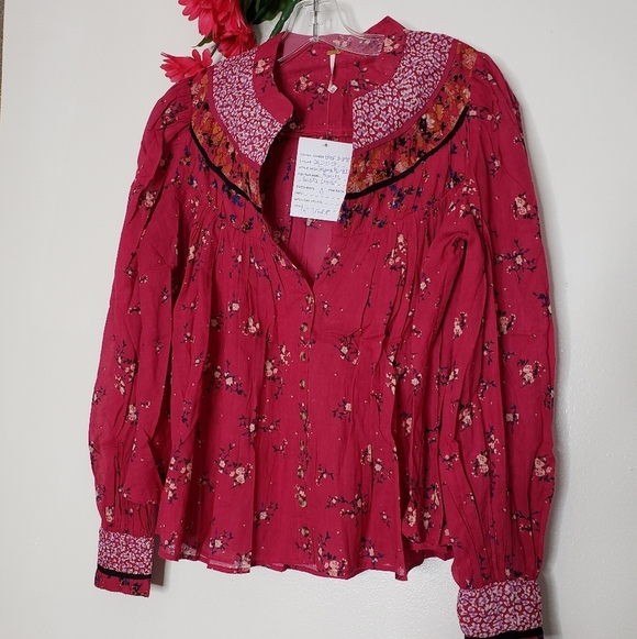 Free People Paloma Red Berry Long Sleeves Top Limited Edition Bohemian Chic - Picture 14 of 16